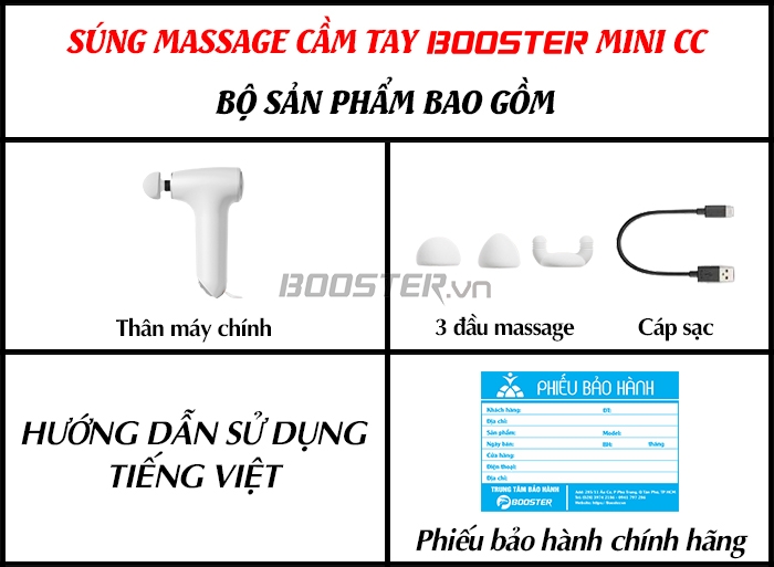 Bộ sản phẩm bao gồm của súng massage cầm tay Booster Mini CC